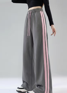 Pantalon de survêtement gris à jambes larges Hardhoodi Interation avec bandes latérales roses, taille élastique, style sportif, pour toutes les saisons - Product Image 4