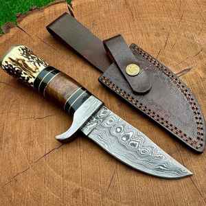 Cuchillo de caza y desollado de acero de Damasco hecho a mano y personalizado, mango de stag, para camping, supervivencia y bushcraft, alta calidad con funda - Product Image 5