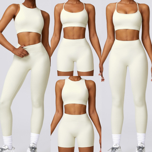 Conjunto de Yoga de 2 Piezas para Mujer, Top Corto Deportivo, Pantalones Cortos de Cintura Alta, Estampado Negro, Sin Costuras, Elástico, Transpirable - Product Image 4