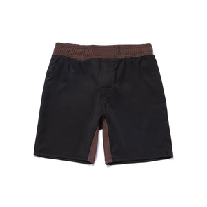 Shorts d'arts martiaux mixtes noirs pour hommes avec ceinture et empiècements latéraux marron, en nylon et élasthanne extensibles, coupe classique - Product Image 1