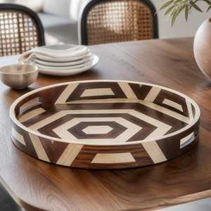 Premium Bone Inlay Round Organizer <b>Tray</b> with Elegant Geometric Inlay Pattern for Jewelry, <b>Perfume</b>, Candles & Bathroom Essentials - Product Image 1