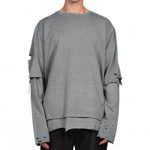 Men's Streetwear <b>Distressed</b> Long Sleeve T-shirt Oversized Ripped Cotton Hip Hop Vintage Washed Gray Pullover Casual Loose <b>Top</b> - Product Image 1