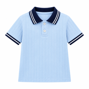 Kids Boys Light <b>Blue</b> <b>Polo</b> <b>Shirt</b> <b>Navy</b> Contrast Collar Striped Chest Pocket Short Sleeve Casual Cotton Summer Top - Product Image 4