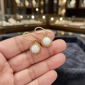 Natural <b>Rainbow</b> Moonstone Earrings with Brass Setting Handmade Gemstone Jewelry - Product Image 2