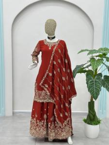 Elegant Look Heavy Embroidery Traditional Pattern Stitched Chinon Silk Pakistani Designer Salwar Kameez Coordinating Dupatta - Product Image 5