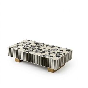 Mesa de centro cuadrada con incrustaciones de hueso y rayas geométricas en blanco y negro, hecha a mano, para sala de estar moderna, muebles de hotel. - Product Image 2