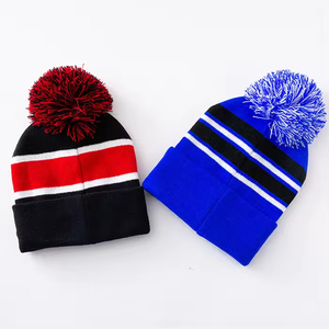 Unisex Striped Beanie <b>Hat</b> with Pom Pom Knit Winter Cap Blue Yellow <b>Navy</b> Orange Casual Adult Size 56-58CM - Product Image 3