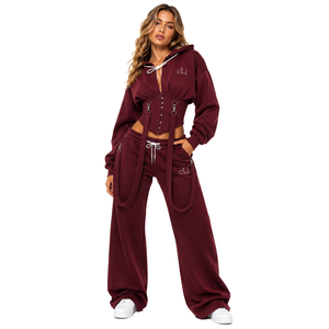 <b>Ladies</b> Tie Front Hooded Pullover Tracksuit Corset Inspired Two Piece Sweat Set Relaxed Fit Baggy <b>Pants</b> Autumn Athleisure Wear - Product Image 1