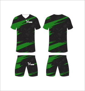 Uniforme de Fútbol Sublimado Personalizado Ferocious para Hombre, Negro con Rayas Verdes, Cuello en V, Manga Corta, Ajuste Atlético que Absorbe la Humedad - Product Image 1