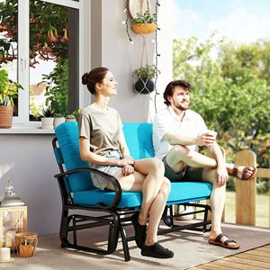 เก้าอี้โยกกลางแจ้งแบบมีเบาะนุ่มสำหรับ 2 คน พร้อมโครงเหล็ก สีฟ้า สำหรับระเบียงและสวนหลังบ้าน - Product Image 2