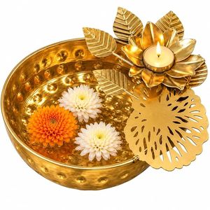 ชามโลหะสีทองลายตอกพร้อมที่วางเทียนรูปดอกบัวสำหรับตกแต่งงานแต่งงานด้วยดอกไม้ลอยน้ำ - Product Image 4