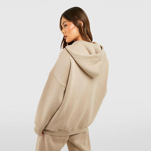 Womens Solid Beige Oversized Zip Up Hoodie Long Sleeve Fleece Jacket Custom Logo OEM ODM Wholesale Apparel - Product Image 2