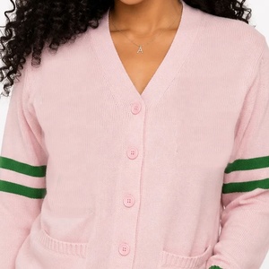 Cárdigan de punto personalizado para mujer, estilo universitario, rosa y verde, cuello en V, OEM, estilo universitario, venta al por mayor. - Product Image 2