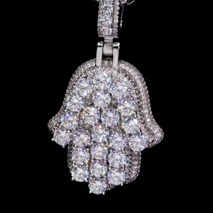<b>Hamsa</b> Hand Pendant 925 Silver Moissanite Micro Pave Rhodium Plated Luxury Unisex Everyday Wear - Product Image 2
