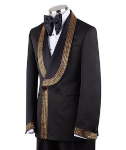 <b>Men</b>’s Black <b>Double</b> <b>Breasted</b> Tuxedo Blazer with Gold Beaded Shawl Lapel – Designer Wedding Party Suit Jacket - Product Image 2