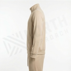 Survêtement beige pour homme avec fermeture éclair intégrale, col montant et poches latérales, vêtements de sport décontractés, tenue d'automne, coupe classique, couleur unie - Product Image 3