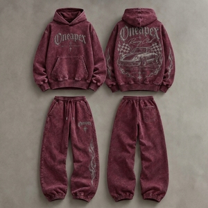 <b>Men's</b> <b>Burgundy</b> Washed Racing Tracksuit Set <b>Hoodie</b> Jogger Pants Graphic Streetwear Two Piece Matching Sweatshirt Custom ODM - Product Image 4