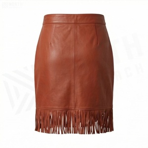 Women Faux Leather Asymmetrical <b>Mini</b> Skirt With Tassel Decoration High Waist Bohemian Style Autumn Wear - Product Image 2
