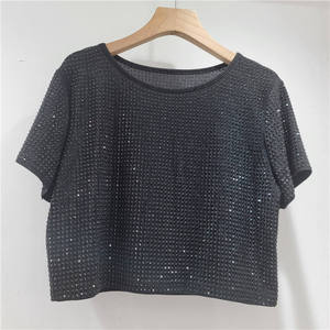 <b>Women's</b> <b>Sequined</b> Crop <b>Top</b> O-Neck Short Sleeve Loose Fit Solid Color Knitted T-Shirt Breathable Spring Summer Wear - Product Image 3