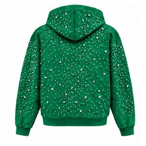 Sudadera con capucha verde esmeralda con cremallera y perlas, chaqueta de lujo con perlas incrustadas, sudadera con capucha de manga larga, ropa exterior informal a la moda - Product Image 2