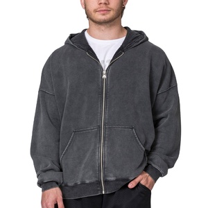 <b>Vintage</b> Acid Wash Zip Hoodie Men 450GSM Cotton Fleece Oversized Casual Streetwear Full Zipper Hooded <b>Sweatshirt</b> - Product Image 2