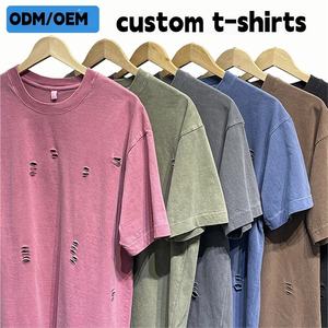 Ribbed Crew Neck Oversized Distressed Streetwear T Shirt 230Gsm Men's <b>Tshirts</b> Custom 100% Cotton Acid Wash T-shirt for Men - Product Image 2