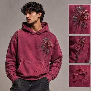<b>Mens</b> Distressed Hoodie Embroidered Streetwear <b>Pullover</b> Sweatshirt with Relaxed Silhouette for Everyday Fashion - Product Image 4