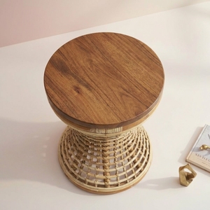 Modern Boho Solid Wooden Top Natural Rattan Base Round Side <b>Table</b> Handcrafted Small Coffee <b>Table</b> Accent End <b>Table</b> For Living Roo - Product Image 2