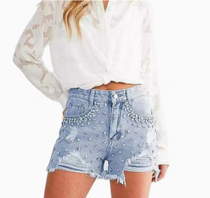 Shorts de mezclilla desgastados con pedrería para mujer, de cintura alta, estilo streetwear de verano, color azul claro con dobladillo deshilachado - Product Image 1