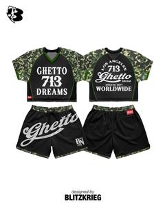 Ensemble en maille camouflage noir |   Haut et short en jersey surdimensionnés |   Ensemble assorti de streetwear mondial Los Angeles OEM - Product Image 1