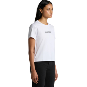 T-shirt en jersey de coton pour femme, col rond, manches courtes, coupe classique, imprimé discret sur la poitrine, dos uni, décontracté, vente en gros, personnalisable, OEM - Product Image 3