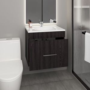 Mobiletto da bagno a una porta Hatta con due cassetti e ripiano aperto, include accessori in colore nero - Product Image 1