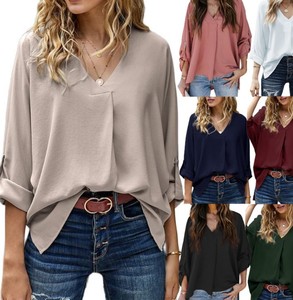 Women's Midi Korean Casual Natural Simple Long Sleeve V Neck Blouses for <b>Tunic</b> Office Latest Design - Product Image 1