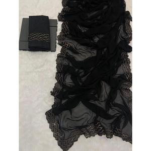 VESTIDO DE FIESTA GEORGETTE TERCIOPELO LACE WORK SAREE BLUSA SIN COSTURA NEGRO Indio/Pakistaní Moda Seda Sari Traje Bodas Modelo Fancy - Product Image 1