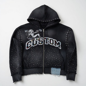 Sudadera con capucha extragrande con cremallera y logotipo personalizado, de alta calidad, 400 GSM, efecto desgastado, con pedrería, unisex, estilo urbano - Product Image 2