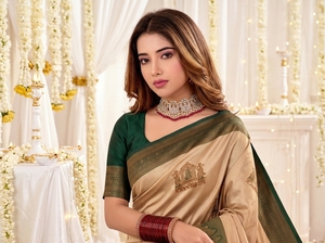 Elegante Saree de Seda Beige Verde con Estampado Tradicional, Largo hasta el Suelo, Protección Solar, para Bodas, para Mujeres, India, Pakistán, Moda AARA - Product Image 2