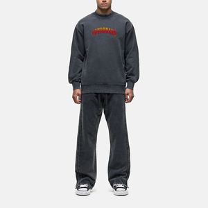 Conjunto Deportivo de 2 Piezas para Hombre, Sudadera con Cuello Redondo y Pantalones Acampanados, Color Sólido con Estampado de Letras, 100% Algodón, Corte Holgado, Estilo Urbano - Product Image 1