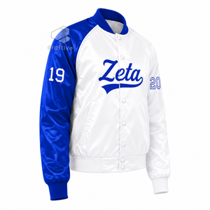 Veste universitaire en satin contrastant bleu et blanc pour femmes de la sororité Zeta Phi Beta, avec boutons pression sur le devant, col et poignets en tricot côtelé, style universitaire - Product Image 2