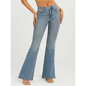 Pantalon en jean évasé taille haute pour femme, décontracté, longueur intégrale, bleu délavé, en coton, avec braguette boutonnée - Product Image 2