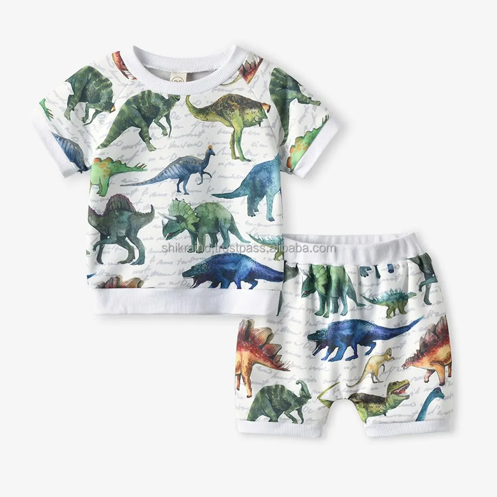 Ensemble de vêtements pour enfants, 2 pièces, dessin animé, tout neuf, garçon, T-shirt imprimé dinosaure, short, été