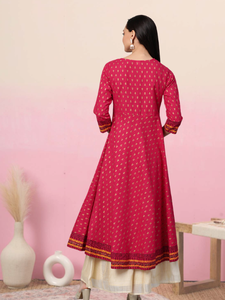 Womens Pink Cotton Slub Gold Printed Anarkali Kurta With Round Neck <b>Three</b> Fourth Sleeves Crafted For Global Ethnic Casual Wear - Product Image 3