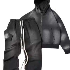 Conjunto de Sudadera con Capucha y Cremallera Estilo Cargo con Lavado Ácido Negro para Hombre, Chaqueta de Forro Polar Vintage y Pantalones Jogger Acampanados, Atuendo Urbano de Invierno - Product Image 4