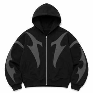 Sudadera con Capucha y Cremallera para Hombre, Negra, de Algodón, Corte Regular, Estampado Geométrico, Lavado Ácido, Estilo Gótico Casual de Invierno, Tejido de Punto, 350g - Product Image 1