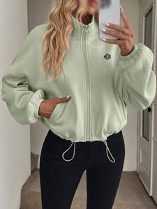 Manufacturer Women Sweatshirts Full Zip Oversized Cotton Fleece Drawcord Hem Bomber Jacket Casual Streetwear Hoodies Front Logo - Product Image 4