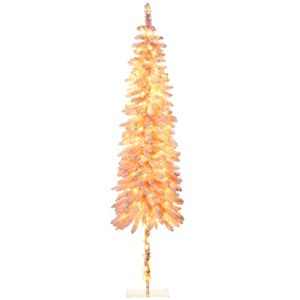 Árbol de Navidad delgado de 7 pies, preiluminado con luces LED, color rosa, con ramas descendentes y efecto de nieve. - Product Image 1