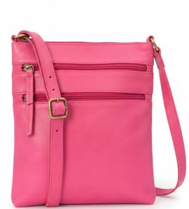 Genuine Leather pink color crossbody bag with multiple zip and <b>adjustable</b> <b>strap</b> - Product Image 1