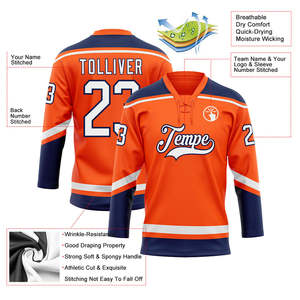 Camiseta de Hockey sobre Hielo Personalizada para Hombre, Naranja, Azul Marino y Blanco, Cuello en V, Manga Larga, Sublimada, Transpirable, con Nombre del Equipo y Capitán, para Adultos - Product Image 2