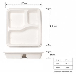 Plateau alimentaire écologique en bagasse à 3 compartiments, assiette de service jetable biodégradable et compostable, compatible congélateur, pour mariages et restaurants - Product Image 4