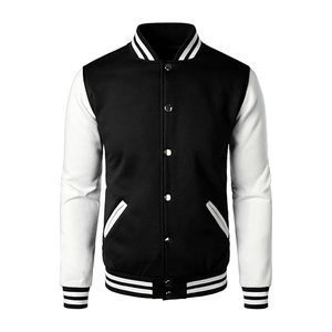 Custom Canvas Varsity <b>Jacket</b> Black Body <b>White</b> Sleeves Unisex Letterman <b>Jacket</b> Stand Ribbed Cuffs Hem Snap Button Baseball Coat - Product Image 1