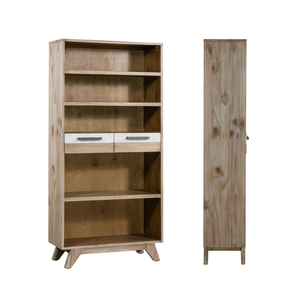 Tall <b>Wooden</b> Storage Cabinet With 2 Drawers, Open Bookshelf For Living Room, Modern Mid Century Home Furniture Organizer - Product Image 1